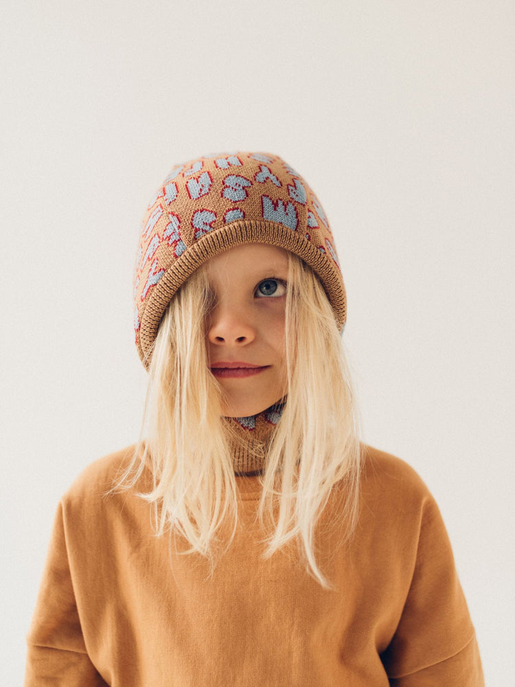 dziecięca kominiarka komin merino wełniany brązowy beżowy letters litery  wool balaclava dziecko dziewczynka