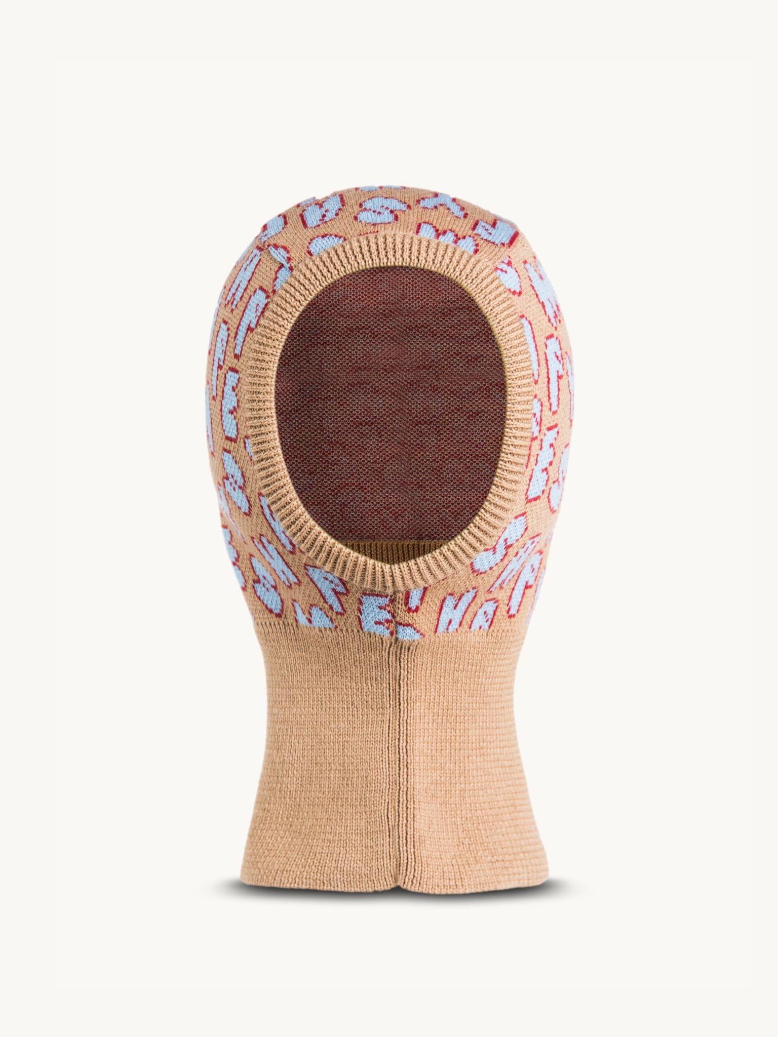 dziecięca kominiarka komin merino wełniany brązowy beżowy letters litery  wool balaclava przód