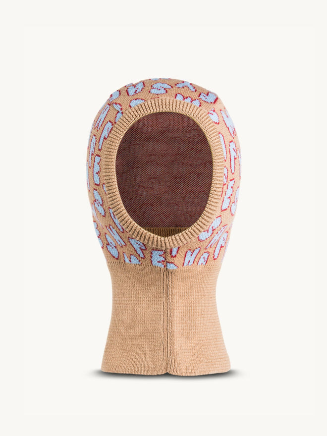 dziecięca kominiarka komin merino wełniany brązowy beżowy letters litery  wool balaclava przód