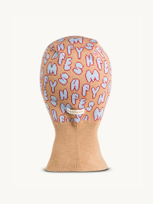 dziecięca kominiarka komin merino wełniany brązowy beżowy letters litery  wool balaclava tył