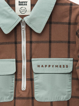 dziecięca koszula bawełniana krata brązowa cocoa brown przód detal haft