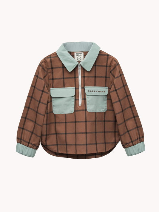 dziecięca koszula bawełniana krata brązowa cocoa brown przód