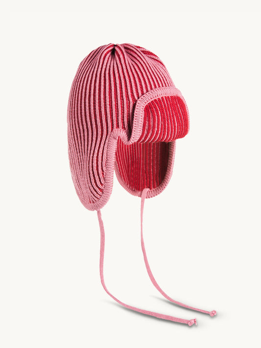 dziecięca czapka pilotka wełniana merino czerwona różowa wool hat cap cherry frost bok