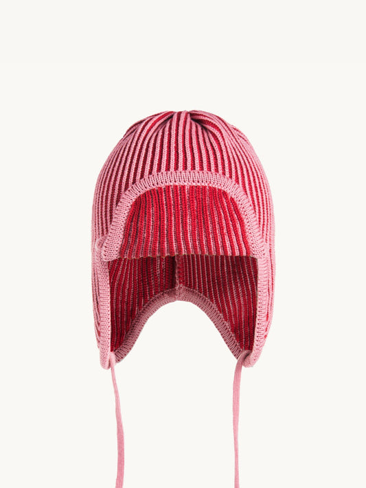 dziecięca czapka pilotka wełniana merino czerwona różowa wool hat cap cherry frost przód detal