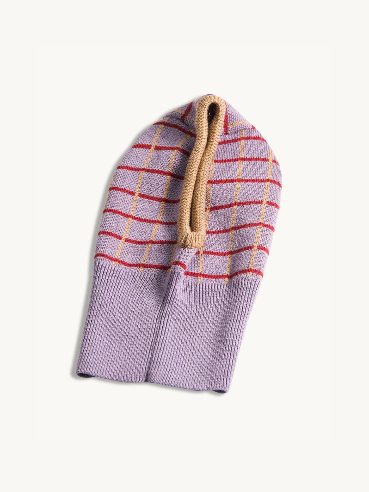 dziecięca kominiarka komin merino wełniany icy lilac fioletowy w kratkę  wool balaclava 