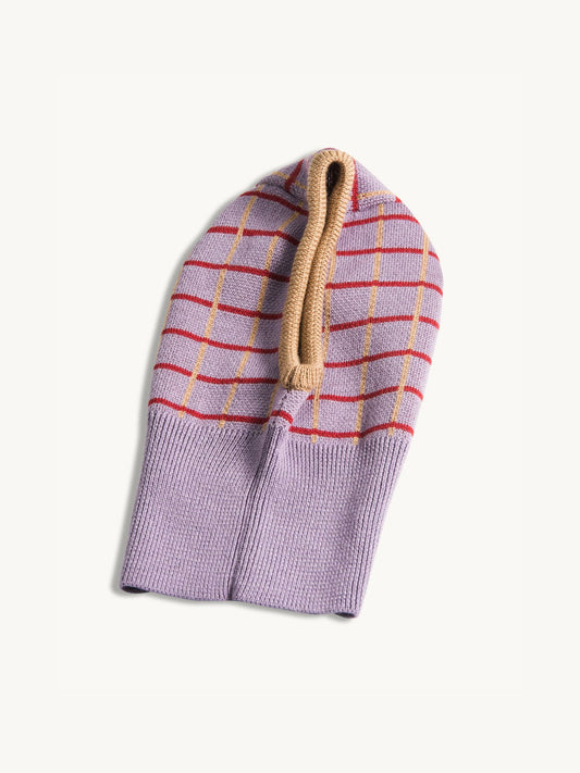 dziecięca kominiarka komin merino wełniany icy lilac fioletowy w kratkę  wool balaclava 