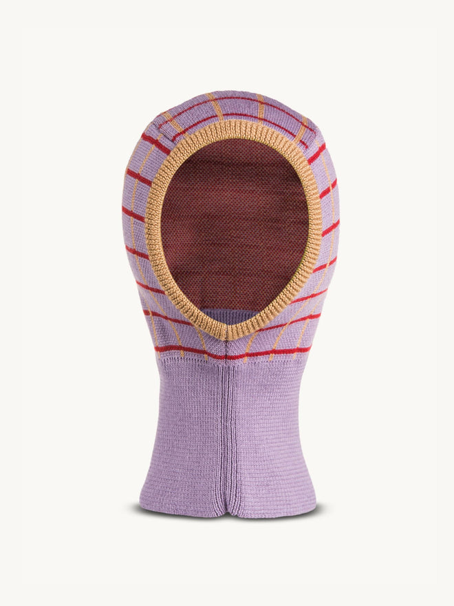 dziecięca kominiarka komin merino wełniany icy lilac fioletowy w kratkę  wool balaclava krata przód