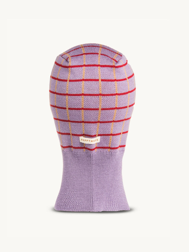 dziecięca kominiarka komin merino wełniany icy lilac fioletowy w kratkę  wool balaclava tył