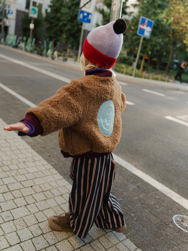 dziecięca kurtka bomberka wełniana wełna merino brązowa teddy brown merino wool children's bomber jacket 