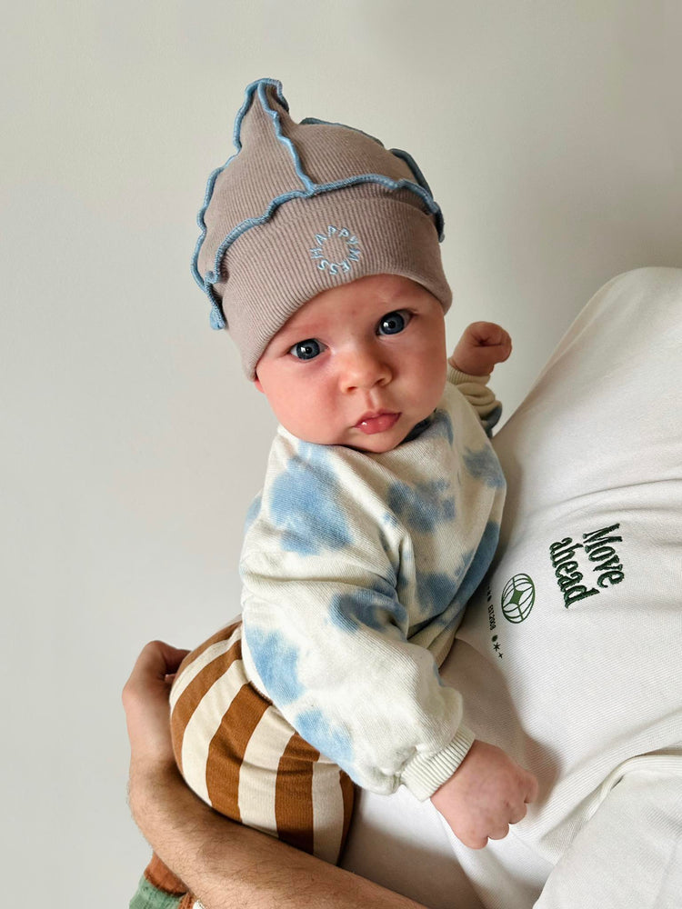 dziecięca czapka beanie bawełniana blue fog szara niebieskie detale cotton hat dziecko niemowlę