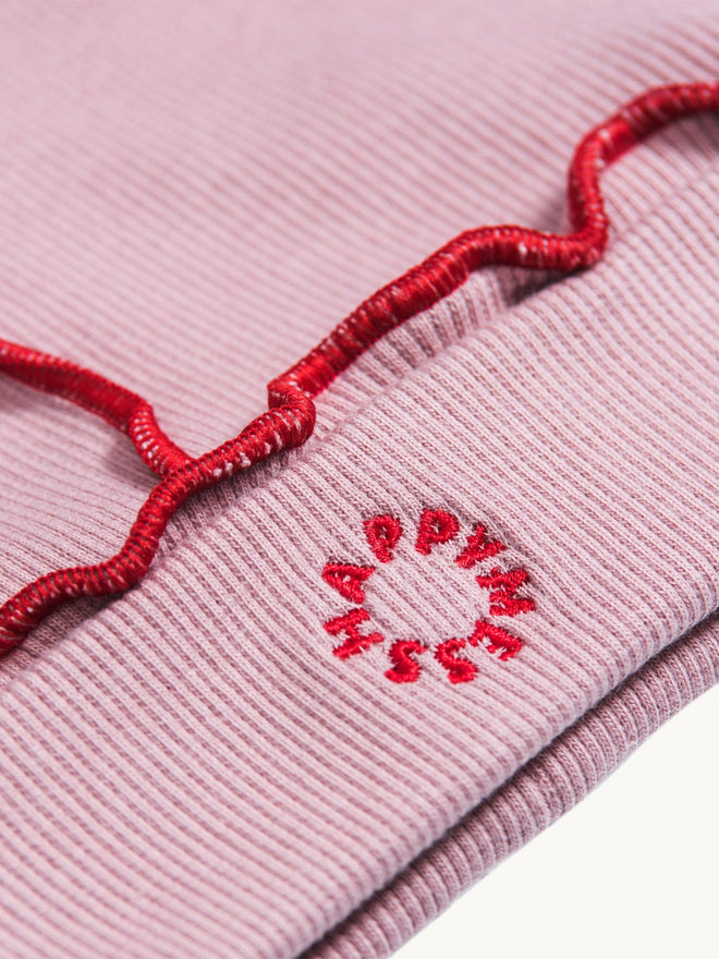 dziecięca czapka beanie bawełniana różowa cherry blossom czerwone detale cotton hat przód detal haft