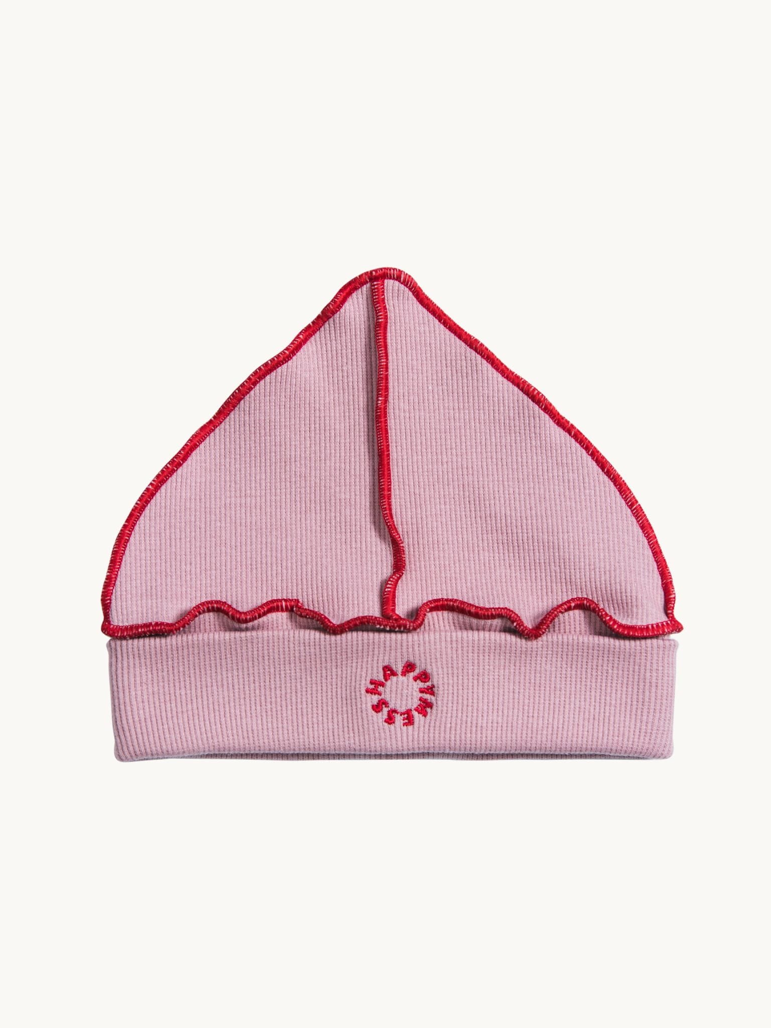 dziecięca czapka beanie bawełniana różowa cherry blossom czerwone detale cotton hat przód detal