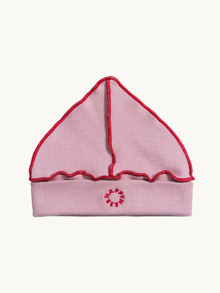dziecięca czapka beanie bawełniana różowa cherry blossom czerwone detale cotton hat przód detal