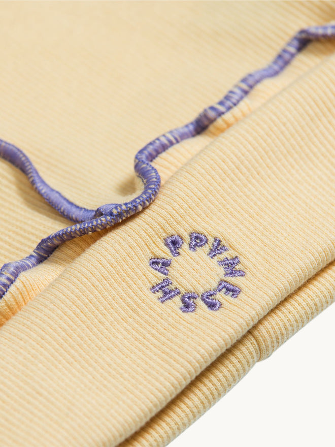 dziecięca czapka beanie bawełniana żółta sunny grape fioletowe detale cotton hat detal