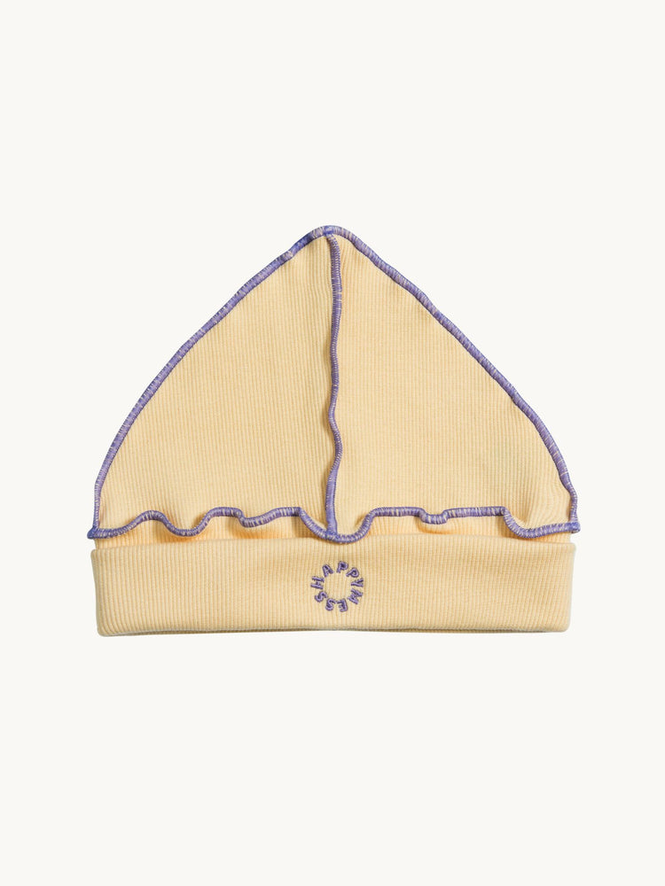 dziecięca czapka beanie bawełniana żółta sunny grape fioletowe detale cotton hat przód