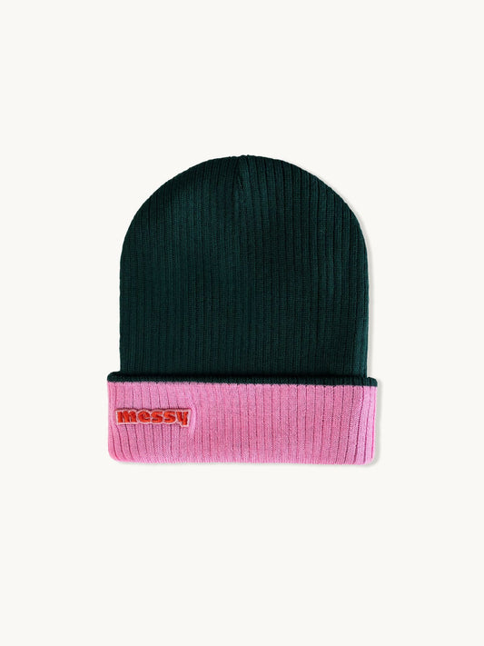 dziecięca wełniana czapka beanie merino dwustronna czarna różowa forrest berry wool hat przód czarny