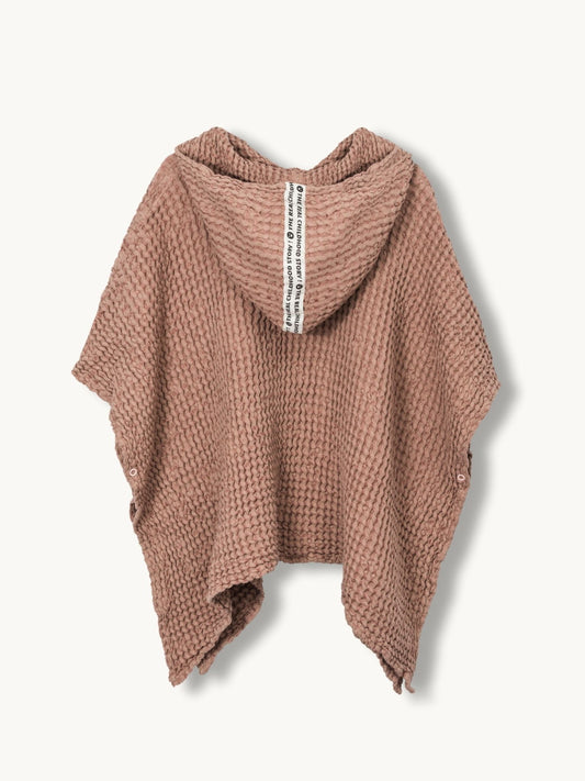 ponczo waflowe dzieciece lniane kąpielowe cinnamon beżowe poncho tył kaptur