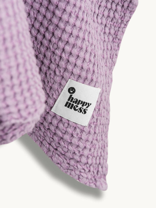 waflowe ponczo kąpielowe dziecięce lniane lavender lawendowe poncho detal logo 