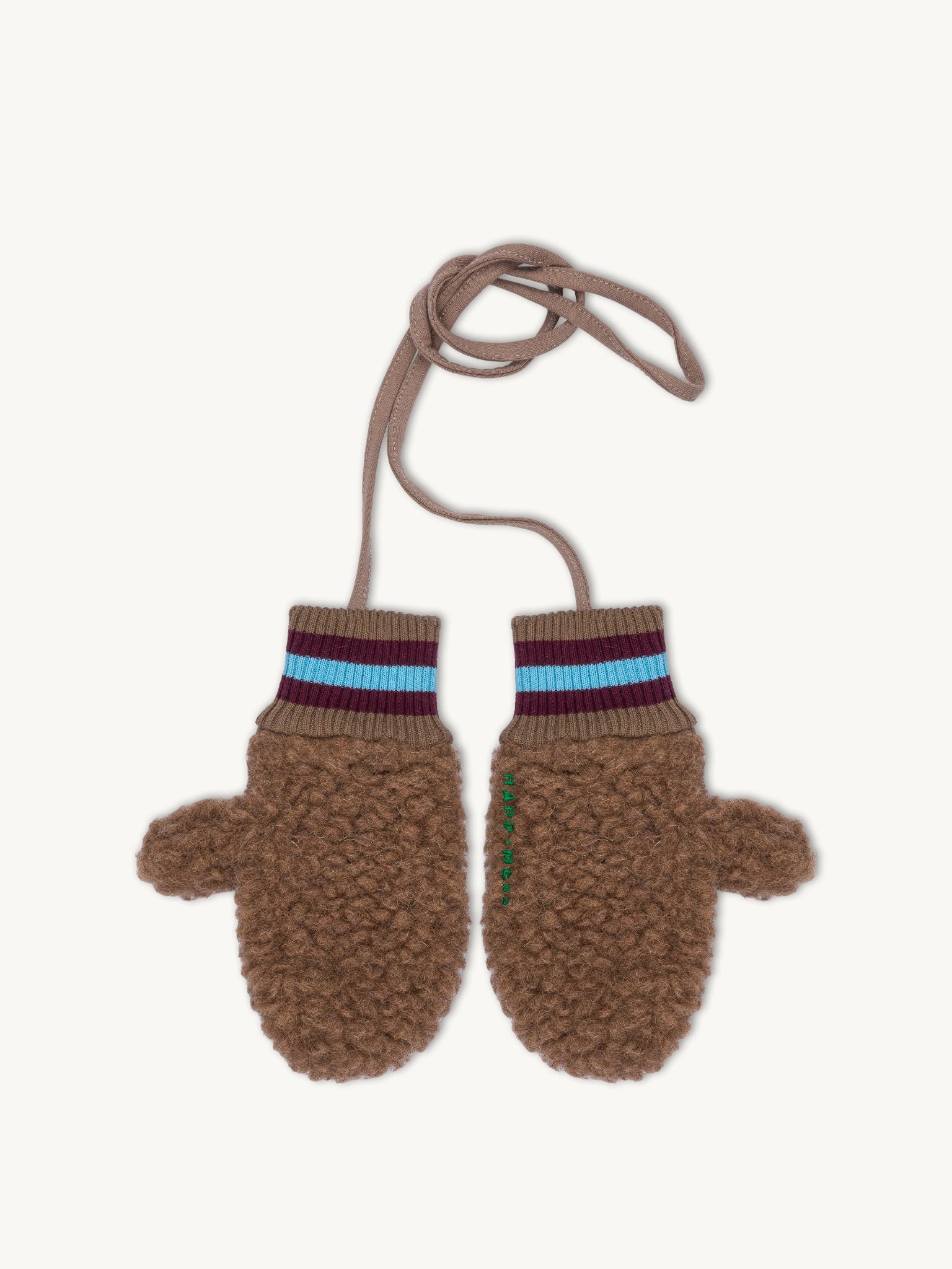 rękawiczki merino wełniane teddy brown dziecięce wiązane haft zielony wool mittens brązowe