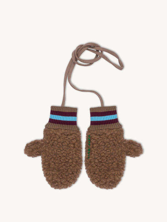 rękawiczki merino wełniane teddy brown dziecięce wiązane haft zielony wool mittens brązowe