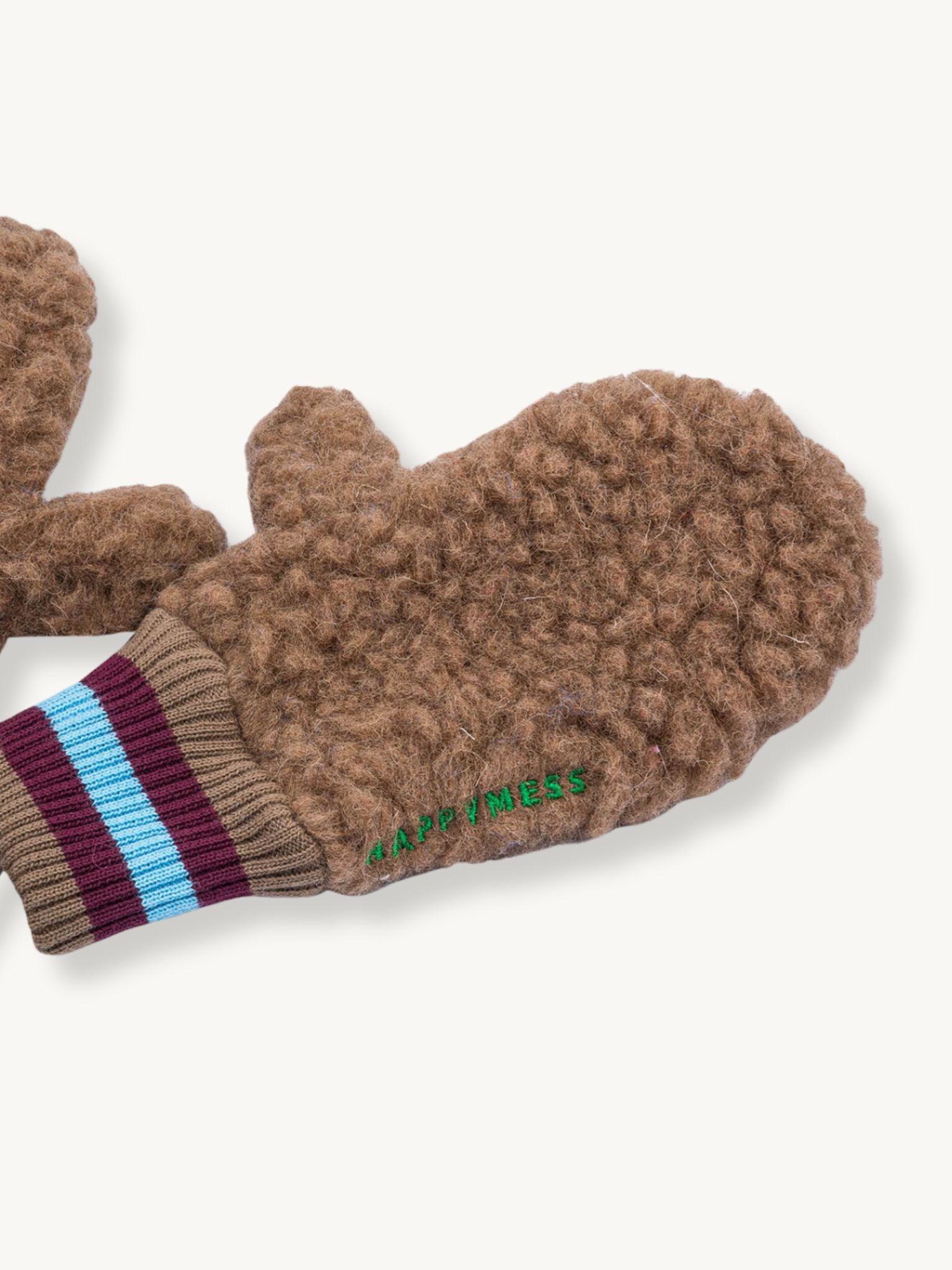 rękawiczki merino wełniane teddy brown dziecięce wiązane haft zielony wool mittens brązowe detal