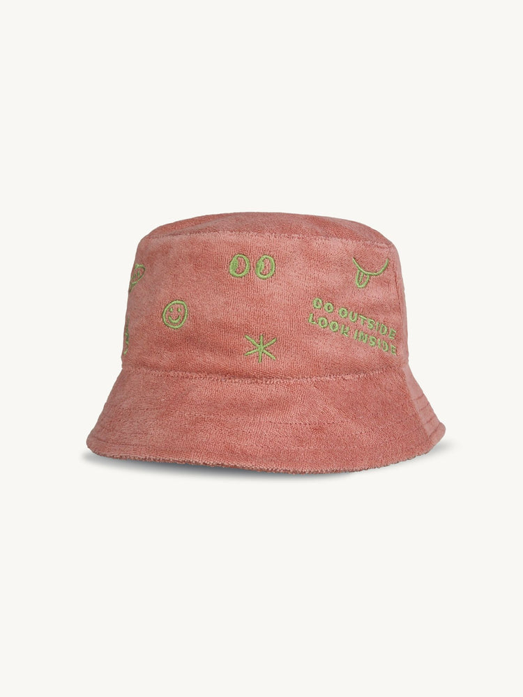 dziecięcy kapelusz frotowy bawełna organiczna organic cotton hat bucket brzoskwiniony peach zielony haft