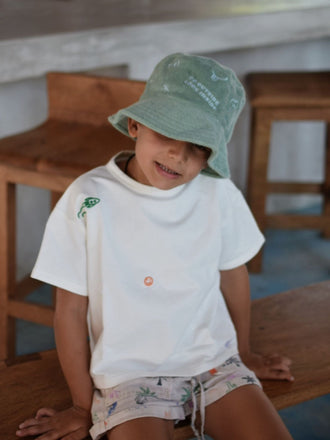 [Noa nosi kapelusz w rozmiarze 6+] dziecięcy kapelusz frotowy bawełna organiczna organic cotton hat bucket zielony cactus niebieski haft stylizacja letnia spodenki