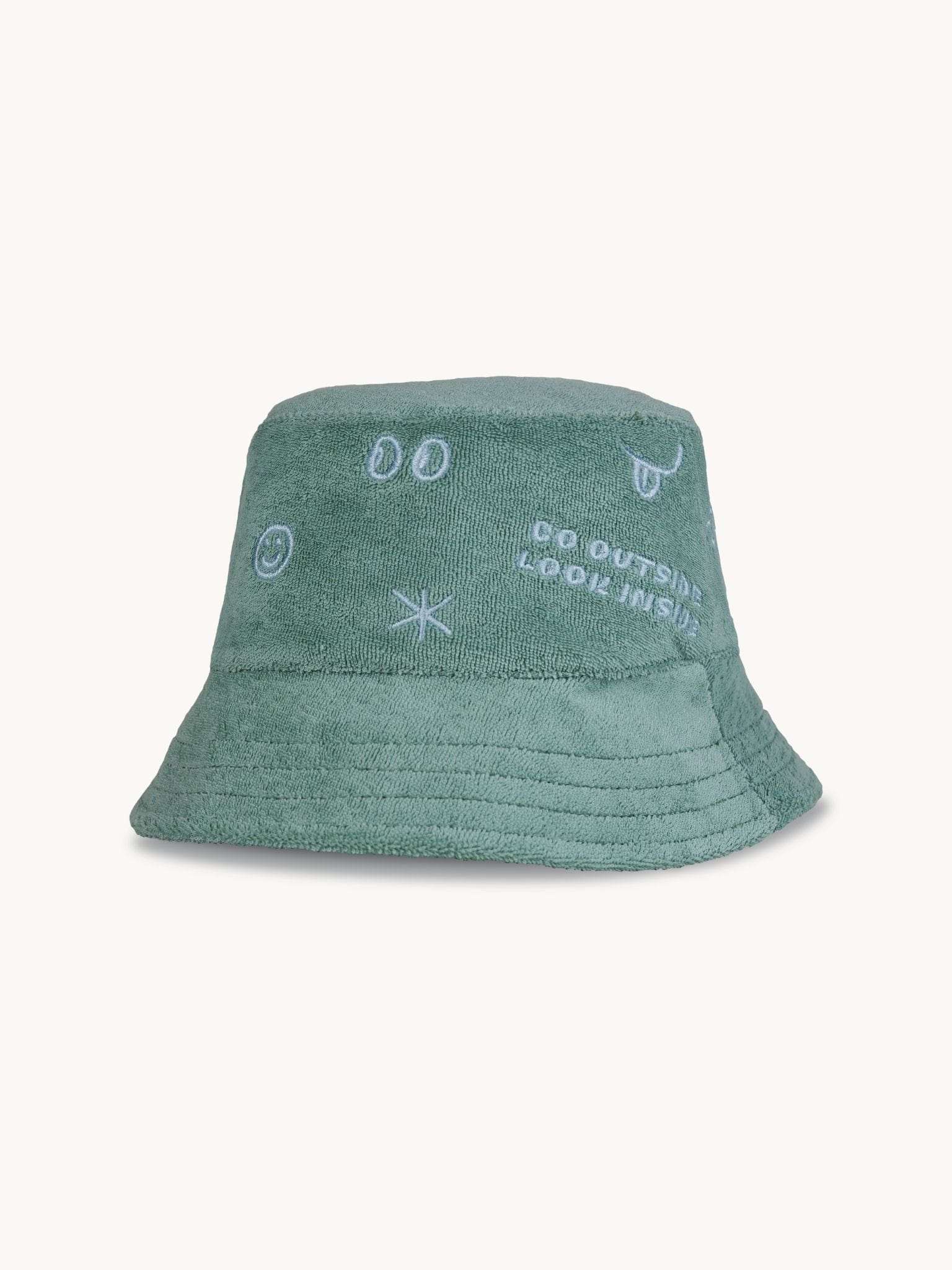 dziecięcy kapelusz frotowy bawełna organiczna organic cotton hat bucket zielony cactus niebieski haft