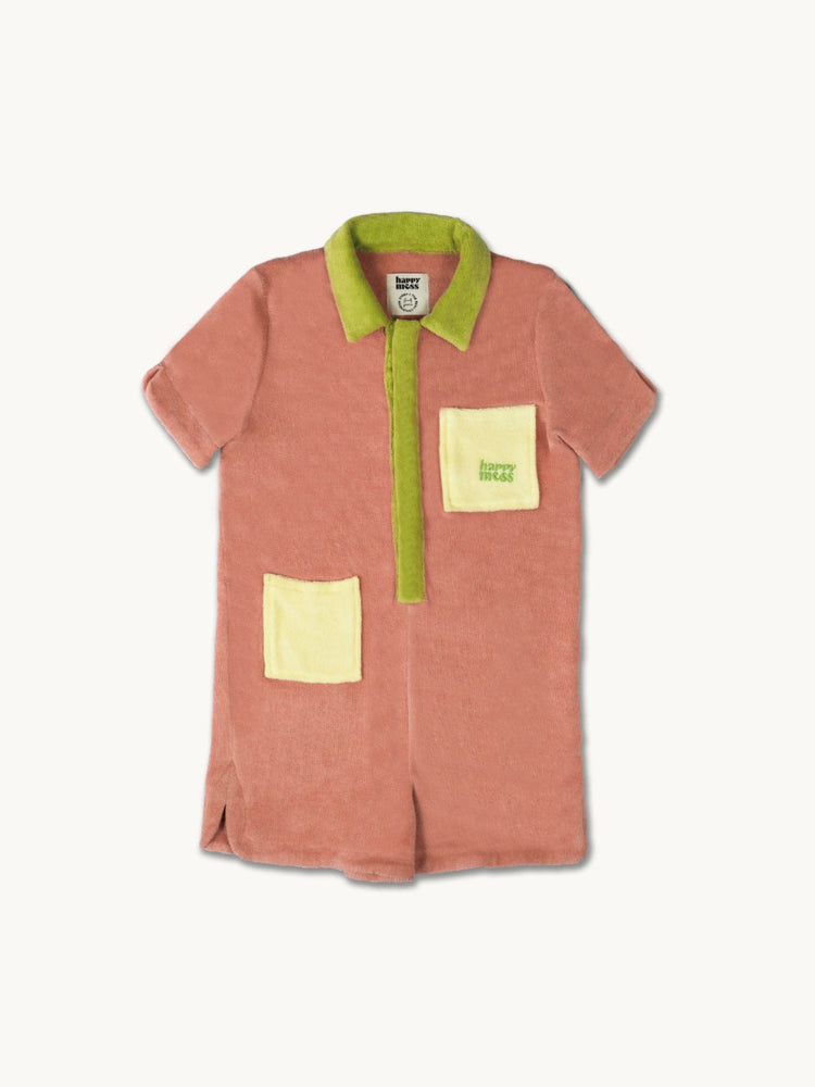 dziecięcy kombinezon frotowy brzoskwiniowy peach bawełna organiczna organic cotton jumpsuit overall przód