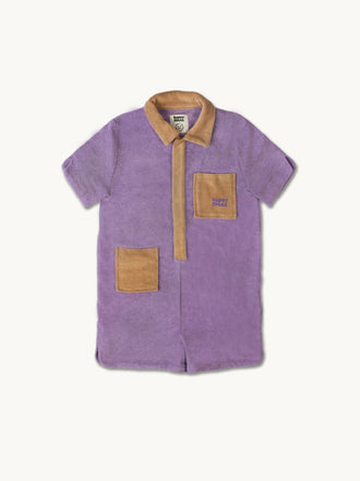 dziecięcy kombinezon frotowy bawełna organiczna organic cotton jumpsuit overall plum fioletowy przód