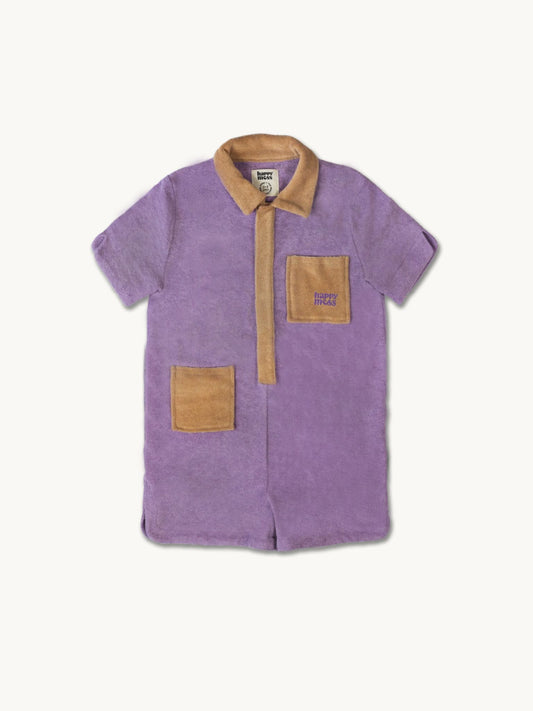 dziecięcy kombinezon frotowy bawełna organiczna organic cotton jumpsuit overall plum fioletowy przód