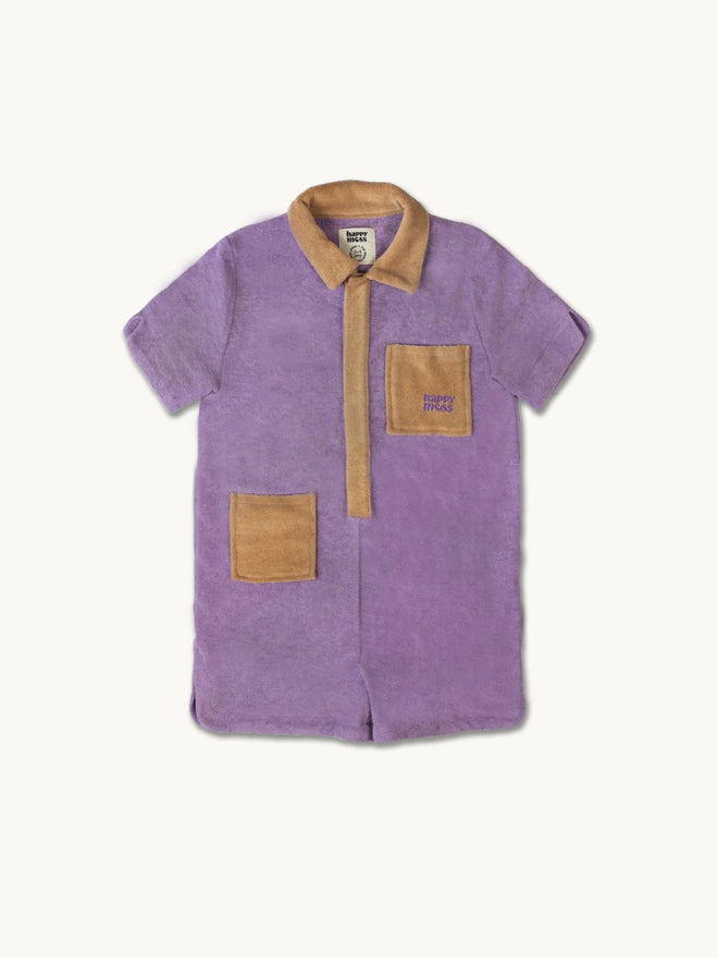 dziecięcy kombinezon frotowy bawełna organiczna organic cotton jumpsuit overall plum fioletowy przód