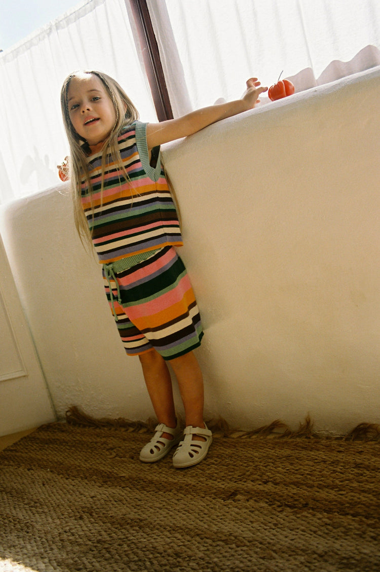 dziecięce letnie dzianinowe spodenki szorty kolorowe w paski bawełniane bawełna organiczna organic cotton crochete shorts tropical garden kindershorts bio-baumwolle