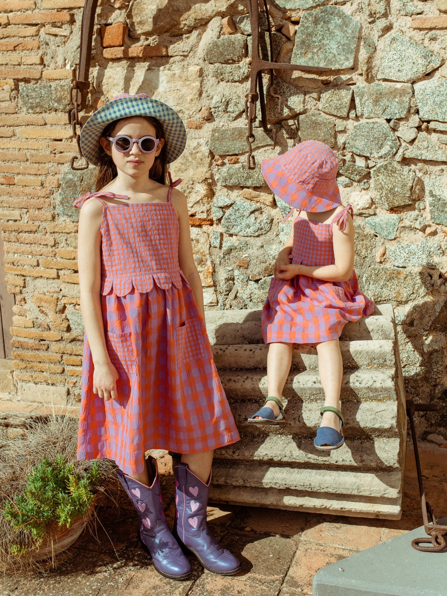 dziecięcy dwustronny kapelusz w kratę vichy aqua vichy sorbet vichy dzieci dziewczynki sukienki 