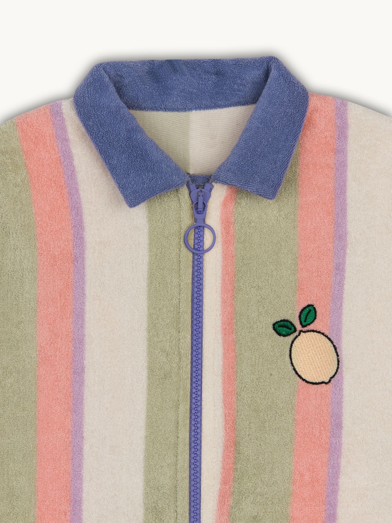 dziecięcy kombinezon frotowy bwełna organiczna paski tropical stripes organic cotton jumpsuit overall detal 