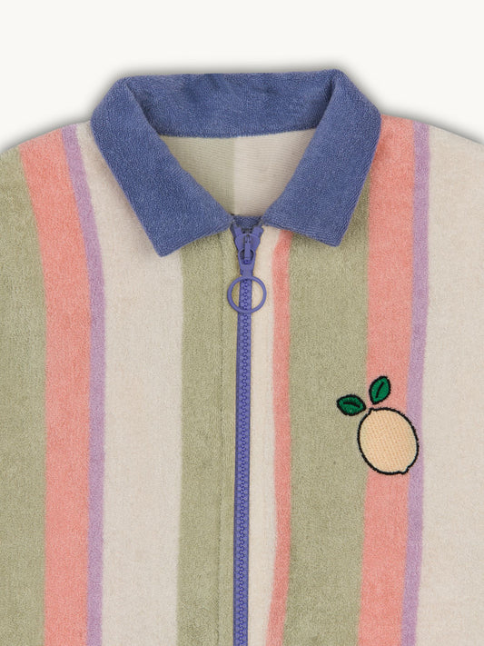 dziecięcy kombinezon frotowy bwełna organiczna paski tropical stripes organic cotton jumpsuit overall detal 