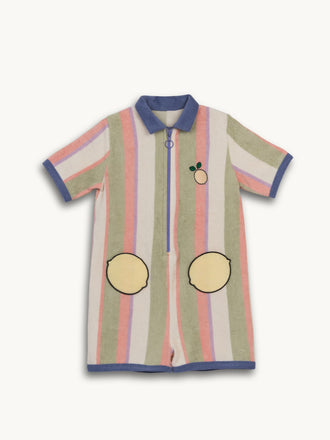 dziecięcy kombinezon frotowy bwełna organiczna paski tropical stripes organic cotton jumpsuit overall przód