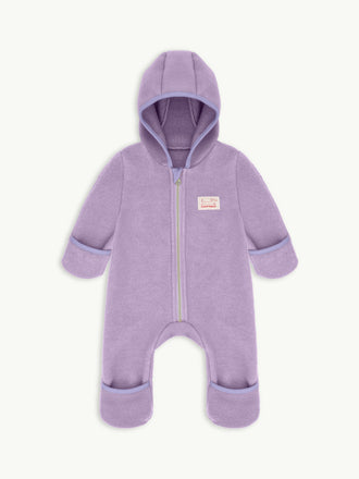 dziecięcy kombinezon wełna merino lilac fiolet wool overall jumpsuit przód