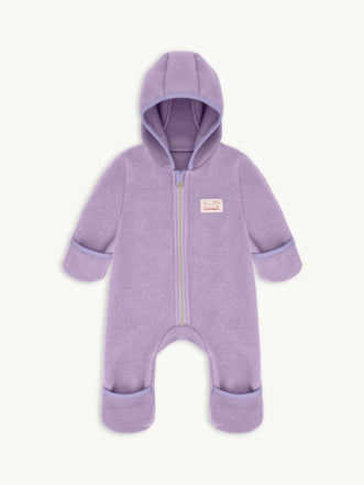 dziecięcy kombinezon wełna merino lilac fiolet wool overall jumpsuit przód