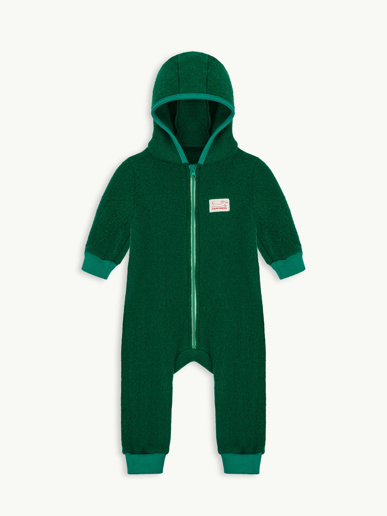 dziecięcy kombinezon wełna merino forest green zielony wool overall jumpsuit przód kaptur ściągacze