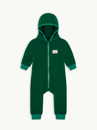 dziecięcy kombinezon wełna merino forest green zielony wool overall jumpsuit przód kaptur ściągacze