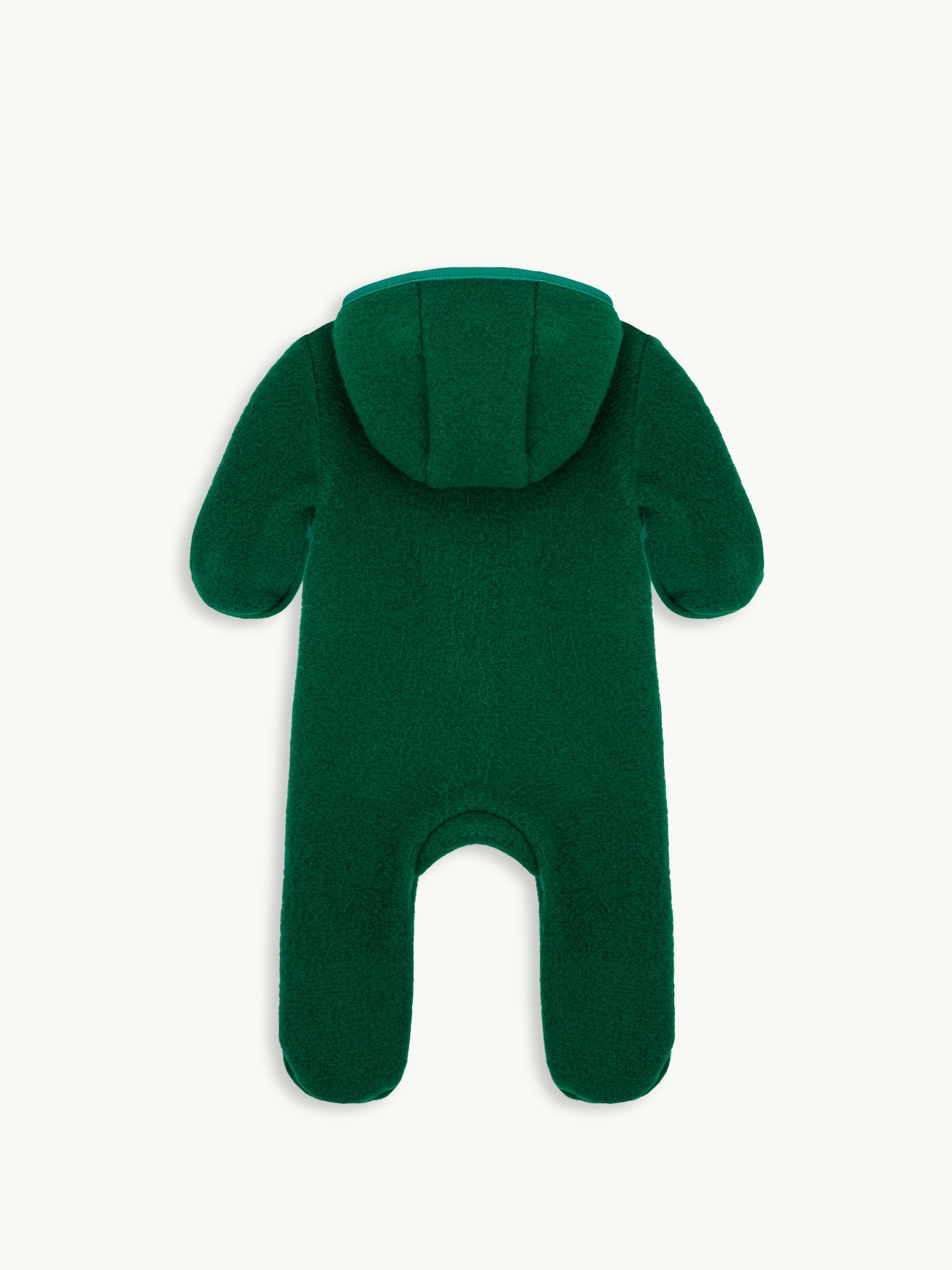 dziecięcy kombinezon wełna merino forest green zielony wool overall jumpsuit kaptur tył 
