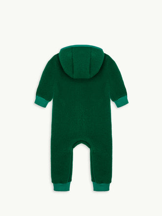 dziecięcy kombinezon wełna merino forest green zielony wool overall jumpsuit tył kaptur ściągacze