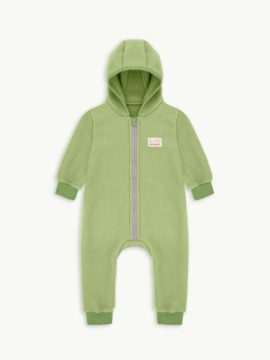 dziecięcy kombinezon wełna merino green pea wool overall jumpsuit przód