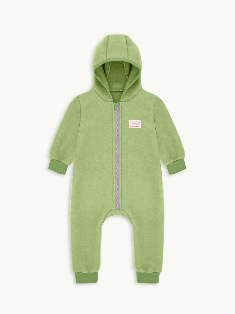 dziecięcy kombinezon wełna merino green pea wool overall jumpsuit przód