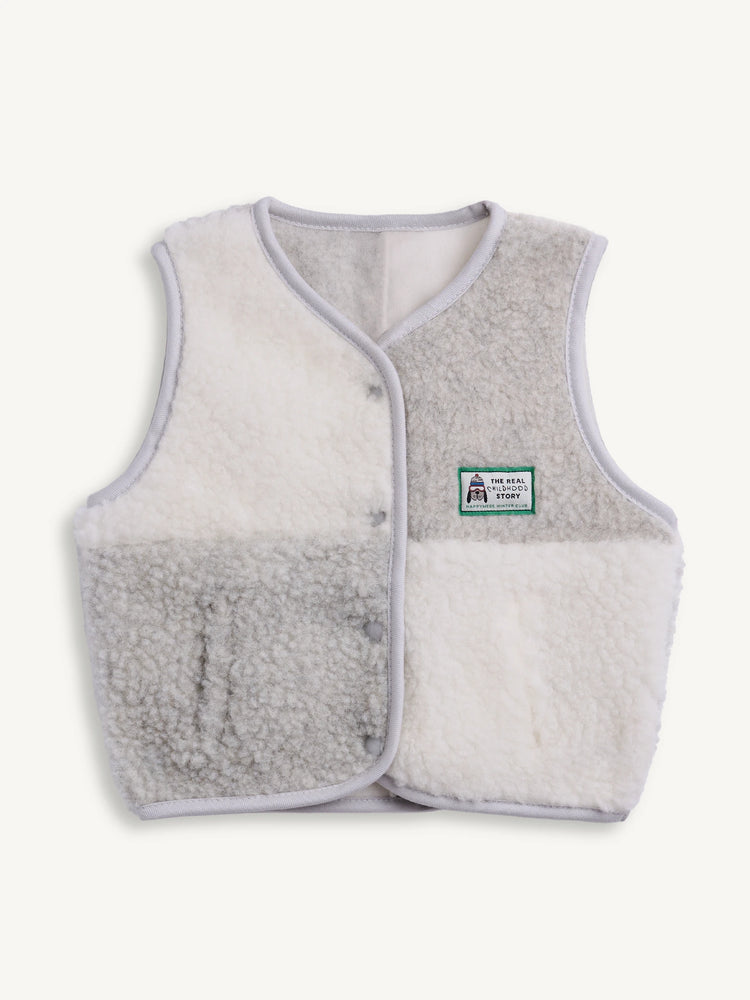 kamizelka wełniana merino dziecięca cream&grey biało szara przód