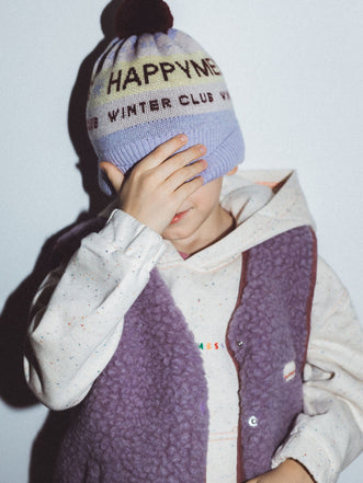 kamizelka wełniana merino dziecięca lilac cloud przód bluza czapka beanie