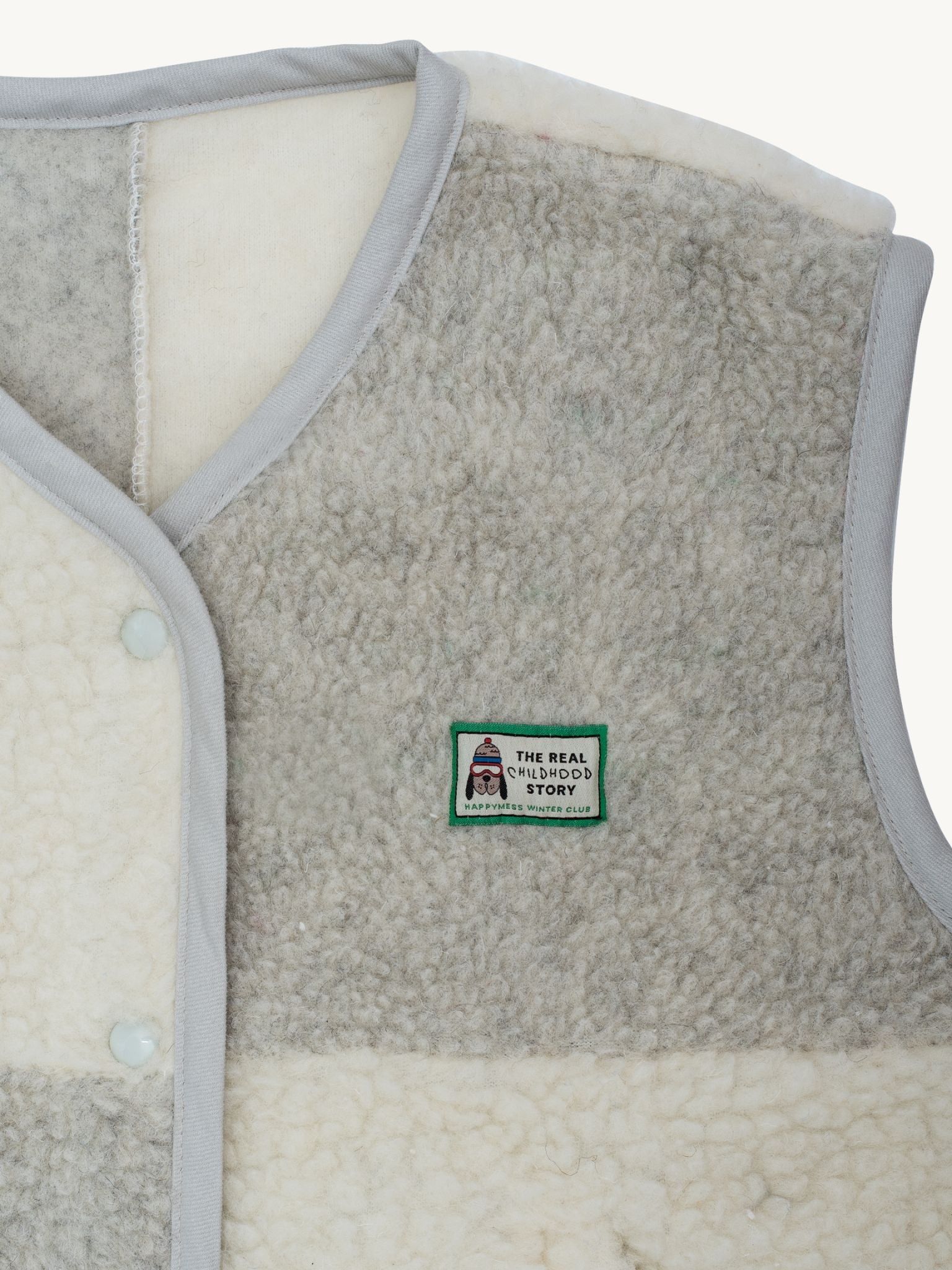 kamizelka wełniana merino unisex cream&grey detal logo