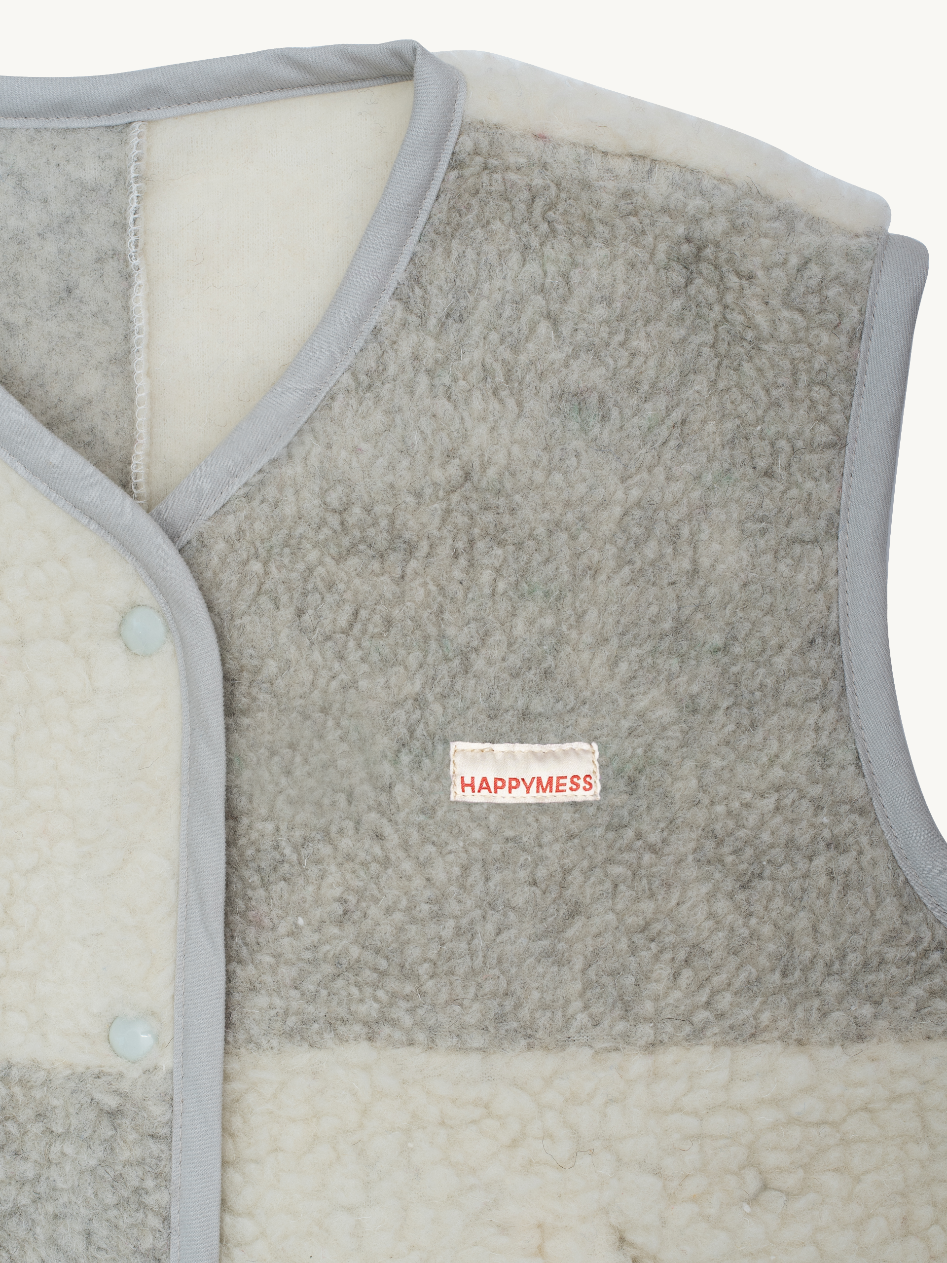 kamizelka wełniana merino unisex cream&grey detal logo szachownica