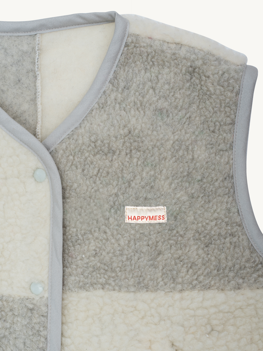 kamizelka wełniana merino unisex cream&grey detal logo szachownica